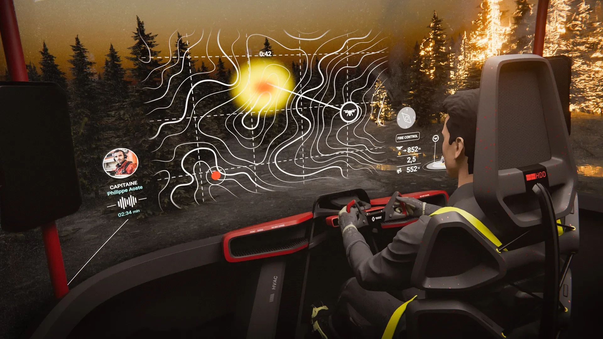 Dans la cabine, des écrans numériques haute définition reconstituent l’environnement en trois dimensions